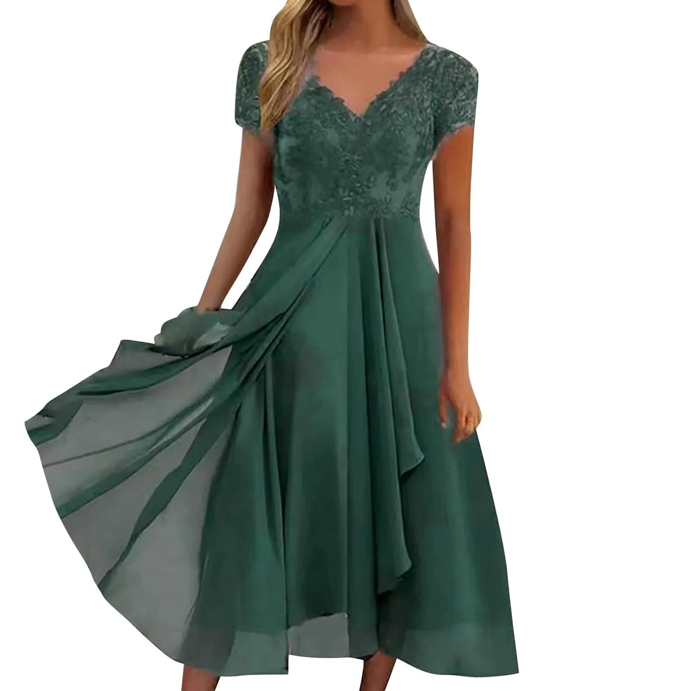 Vintage Chiffon V Neck Splicing Lace Hollow Pleated Large Swing  Dress Mssaz Desses