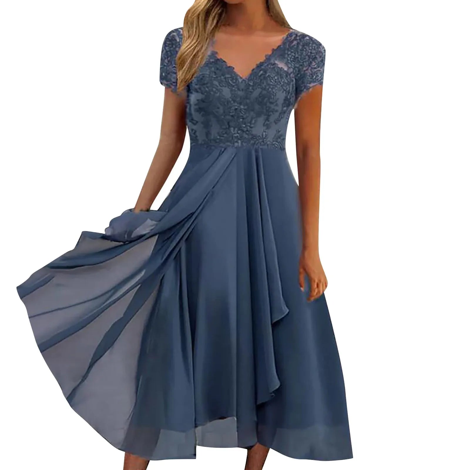 Vintage Chiffon V Neck Splicing Lace Hollow Pleated Large Swing  Dress Mssaz Desses
