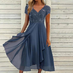 Vintage Chiffon V Neck Splicing Lace Hollow Pleated Large Swing  Dress Mssaz Desses