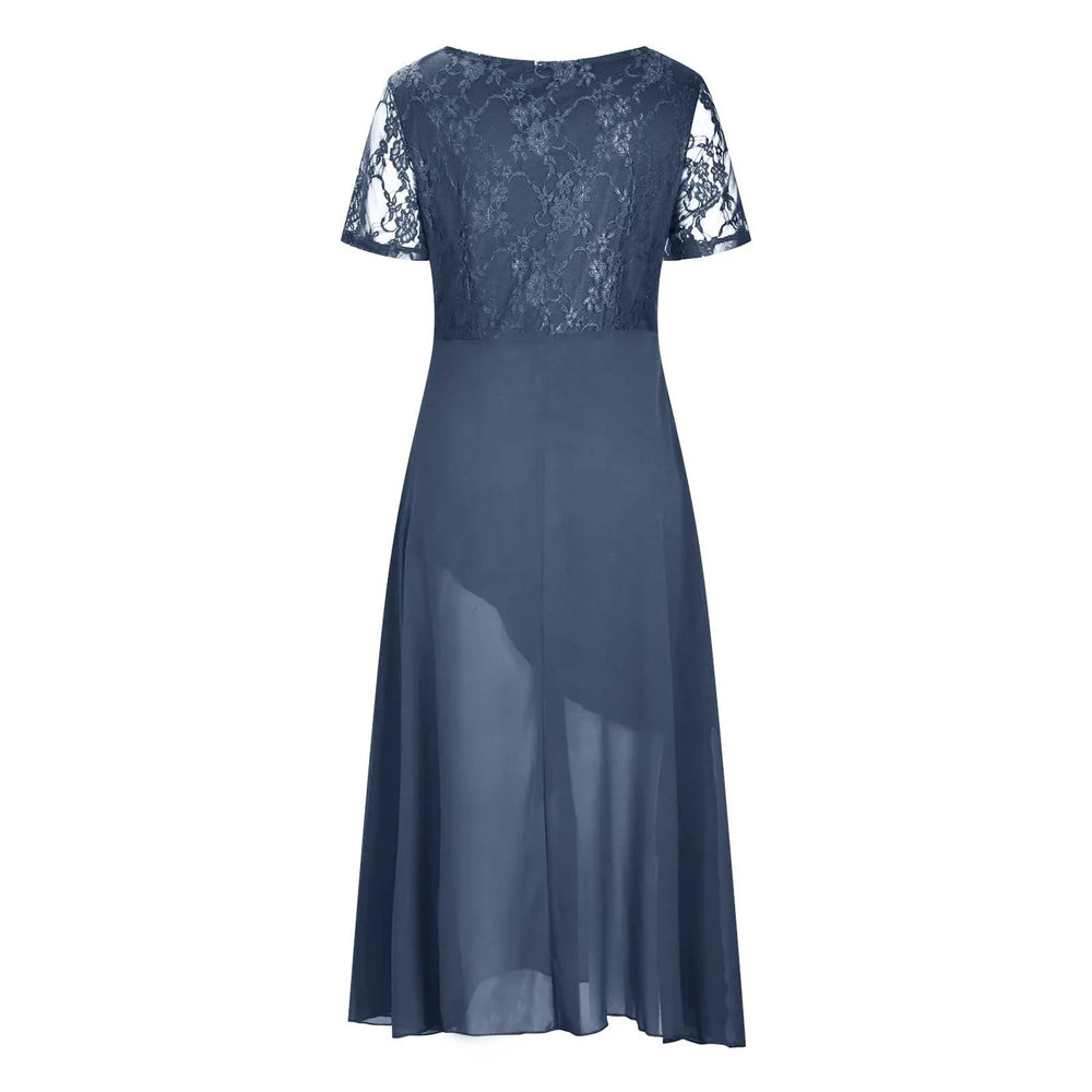 Vintage Chiffon V Neck Splicing Lace Hollow Pleated Large Swing  Dress Mssaz Desses