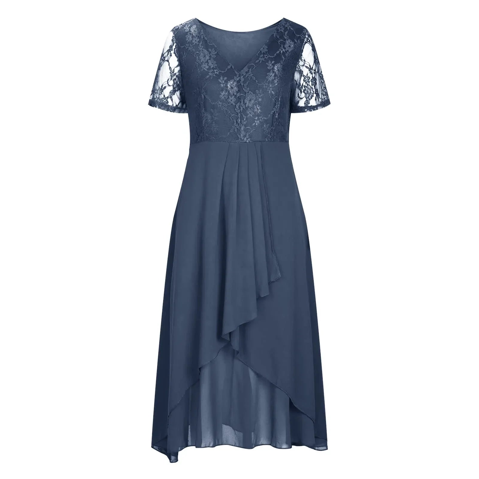 Vintage Chiffon V Neck Splicing Lace Hollow Pleated Large Swing  Dress Mssaz Desses