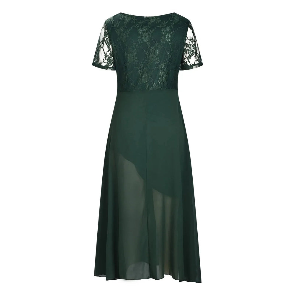 Vintage Chiffon V Neck Splicing Lace Hollow Pleated Large Swing  Dress Mssaz Desses