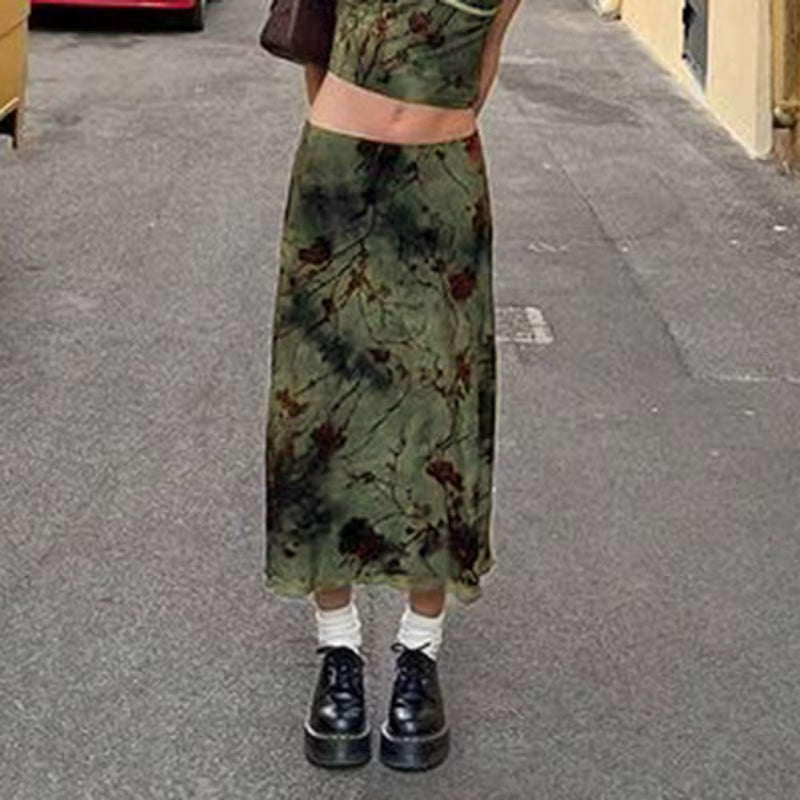 Vintage Dropped Low Rise Straight Floral Print Medium Stretch Midi Skirt Mssza