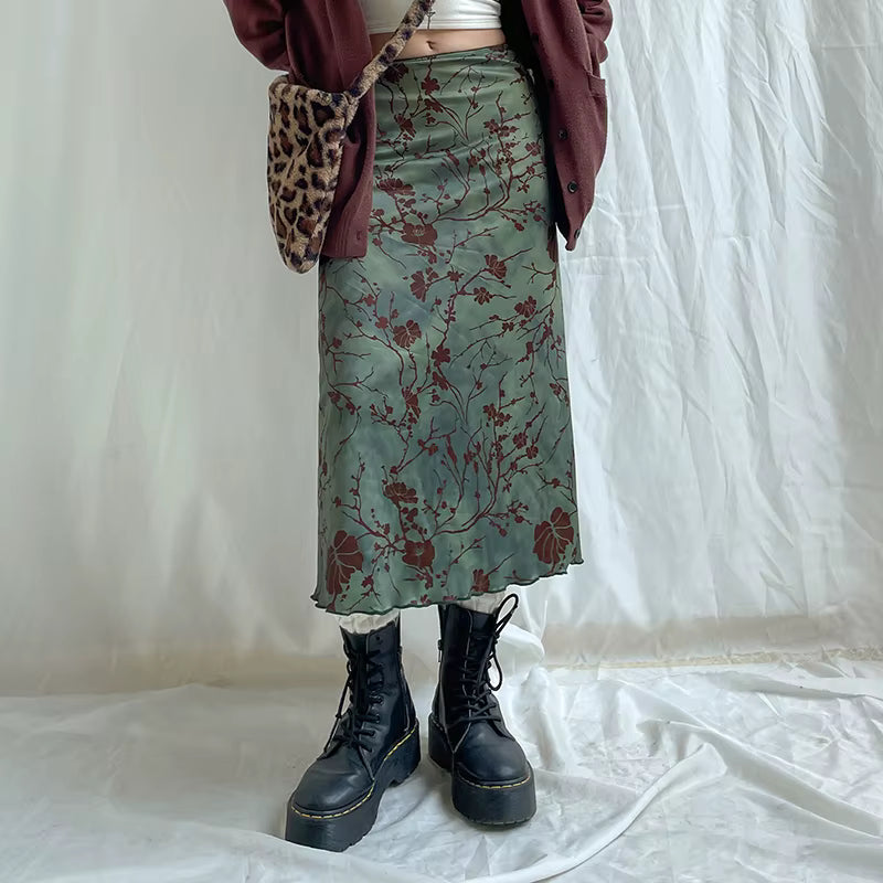 Vintage Dropped Low Rise Straight Floral Print Medium Stretch Midi Skirt Mssza