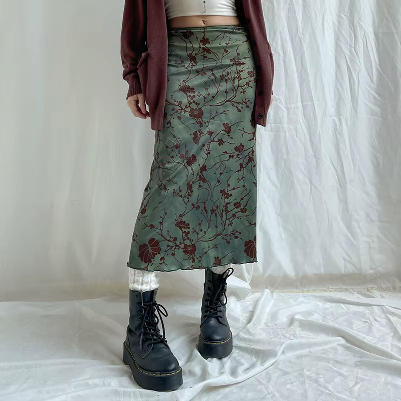 Vintage Dropped Low Rise Straight Floral Print Medium Stretch Midi Skirt Mssza