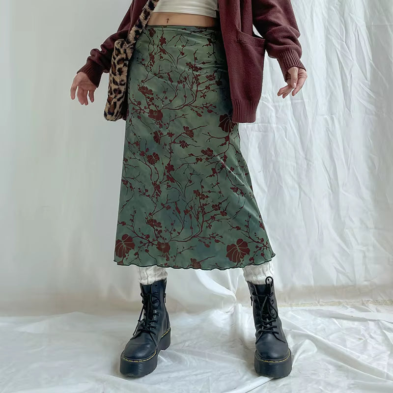 Vintage Dropped Low Rise Straight Floral Print Medium Stretch Midi Skirt Mssza