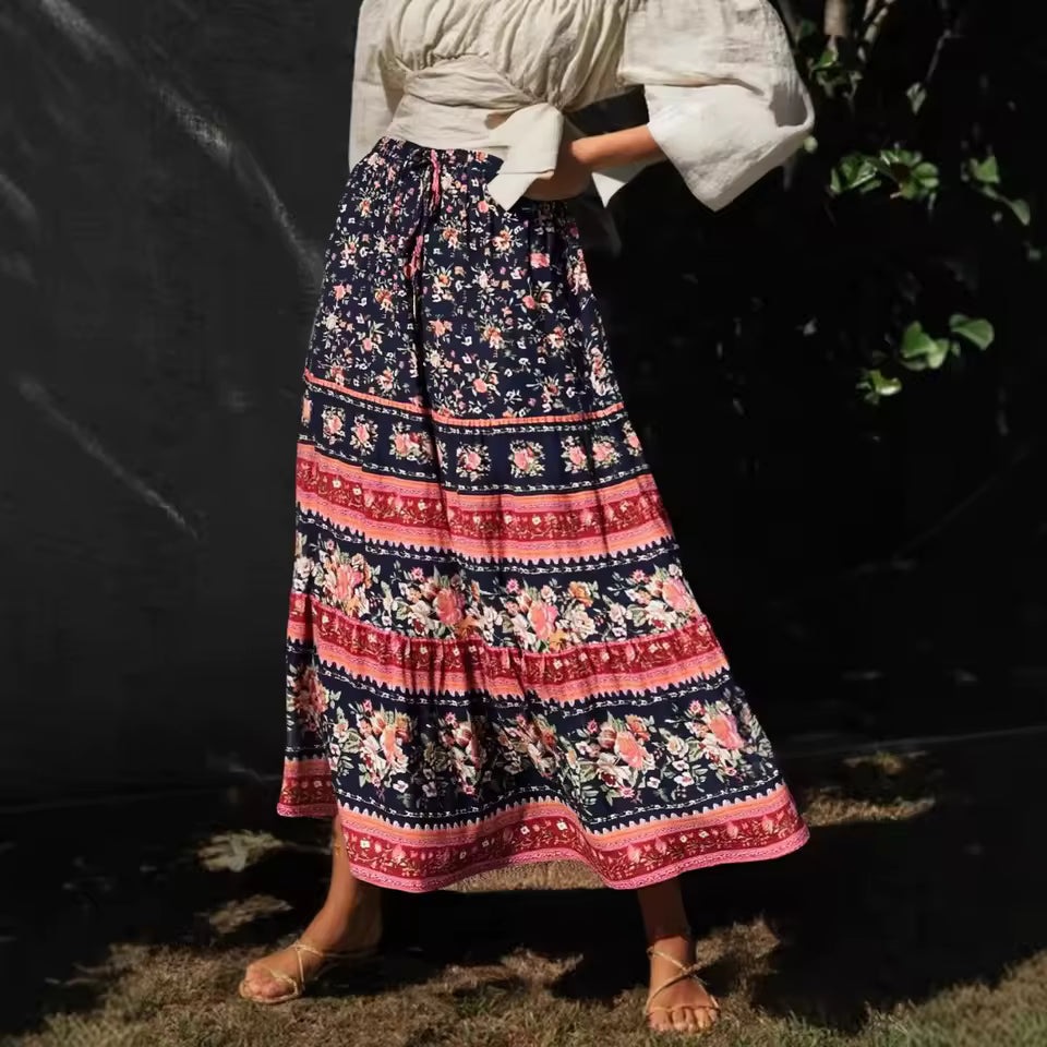 Vintage Elastic Waist Floral Print Ethnic Beach Style Bohemian Skirt Mssza