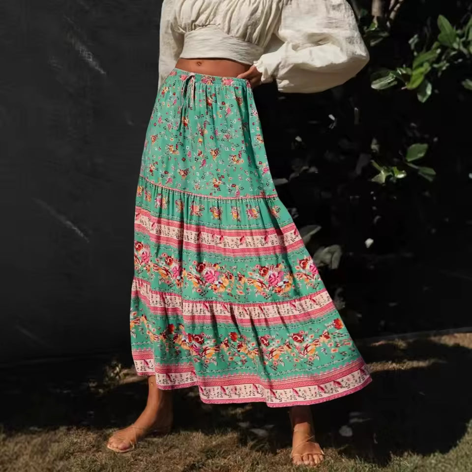 Vintage Elastic Waist Floral Print Ethnic Beach Style Bohemian Skirt Mssza