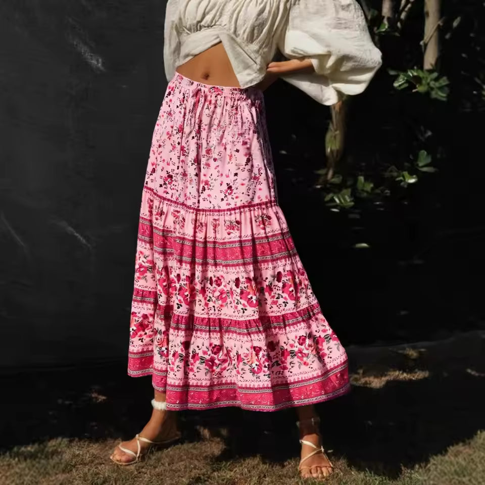 Vintage Elastic Waist Floral Print Ethnic Beach Style Bohemian Skirt Mssza