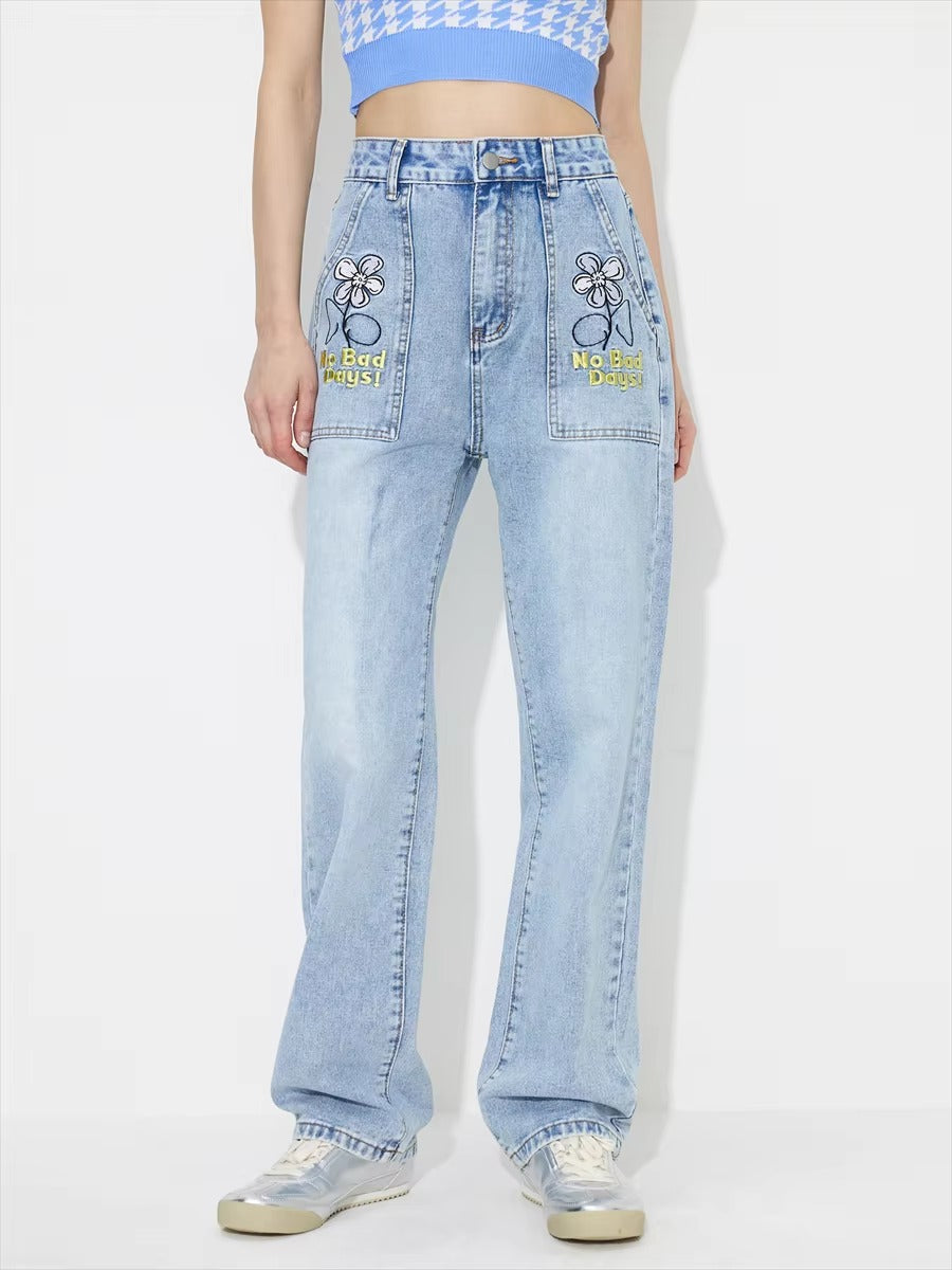 Vintage Embroidered Straight Pockets Denim Baggy High Waisted Jeans Mssza