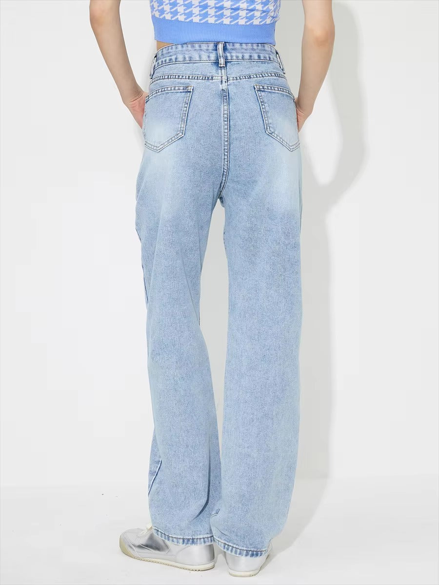 Vintage Embroidered Straight Pockets Denim Baggy High Waisted Jeans Mssza