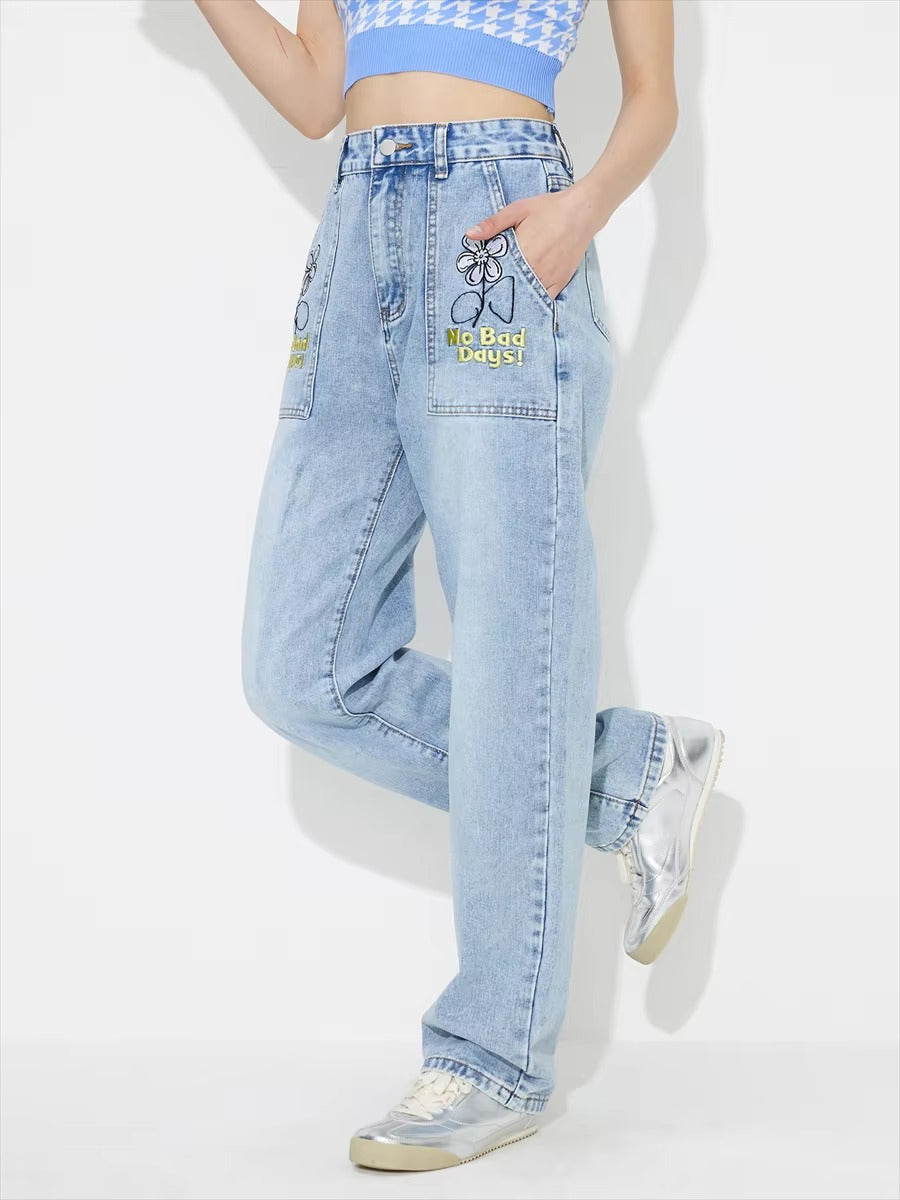 Vintage Embroidered Straight Pockets Denim Baggy High Waisted Jeans Mssza