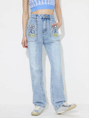 Vintage Embroidered Straight Pockets Denim Baggy High Waisted Jeans Mssza