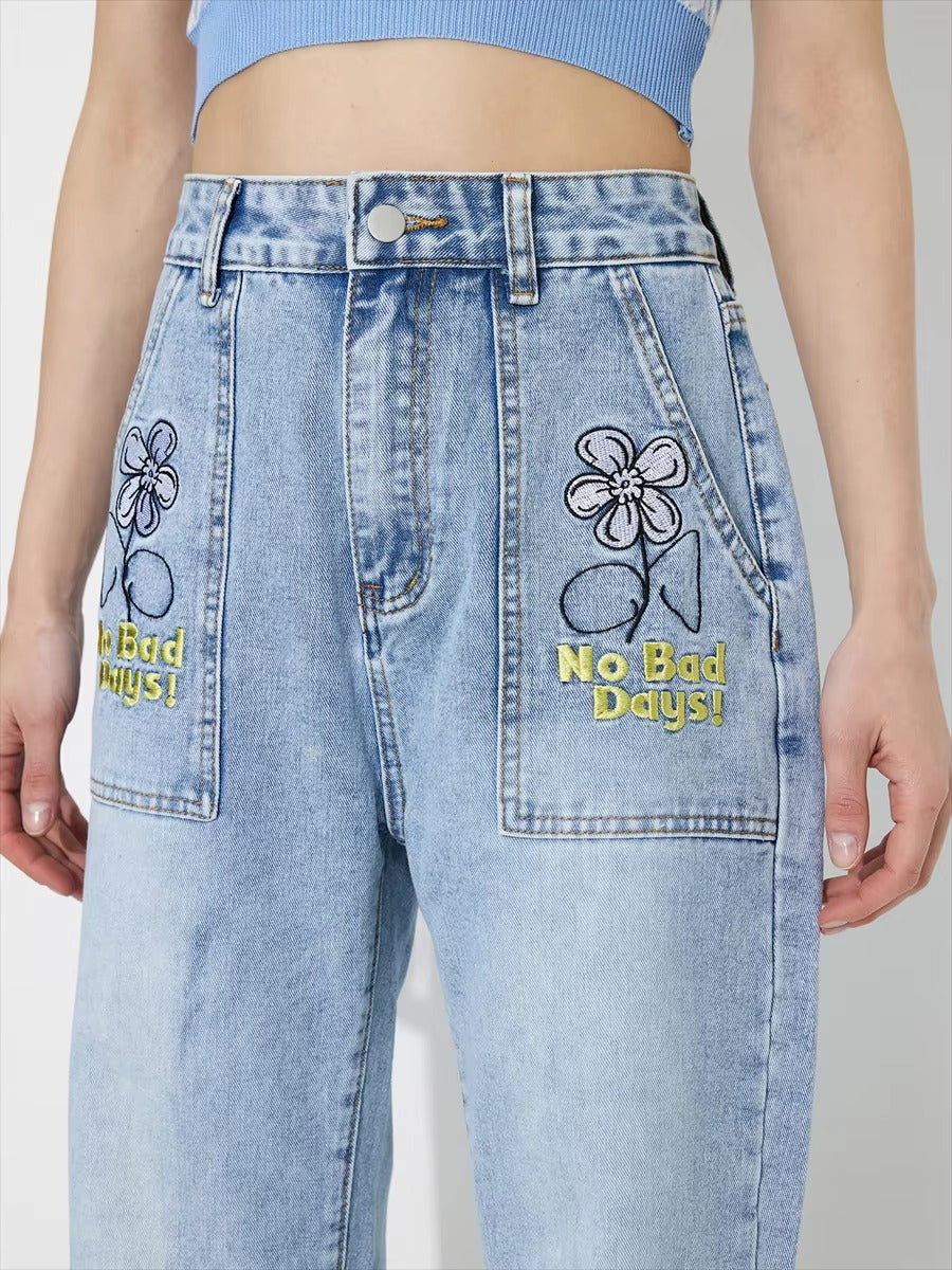 Vintage Embroidered Straight Pockets Denim Baggy High Waisted Jeans Mssza