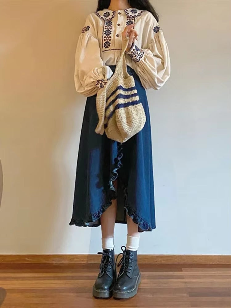 Vintage Embroidered high collar Lantern Sleeve zipper fly Chic Streetwear Shirt skirt Mssza