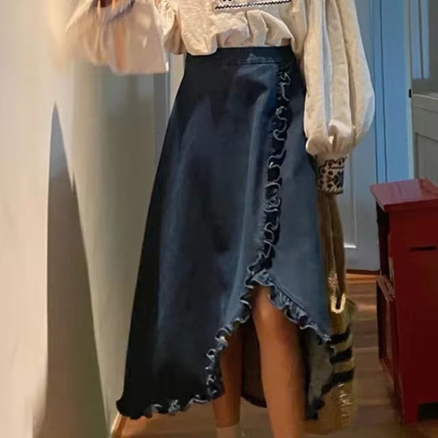 Vintage Embroidered high collar Lantern Sleeve zipper fly Chic Streetwear Shirt skirt Mssza