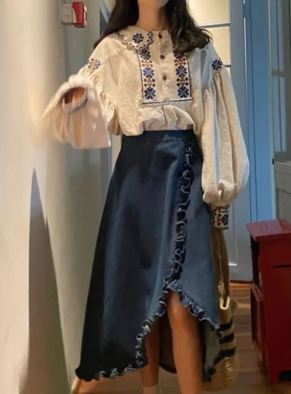 Vintage Embroidered high collar Lantern Sleeve zipper fly Chic Streetwear Shirt skirt Mssza