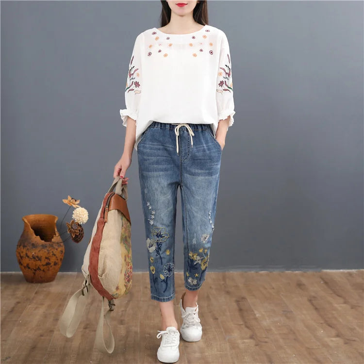Vintage Embroidery Casual Floral Denim Trousers Ripped Harem Jeans Mssza