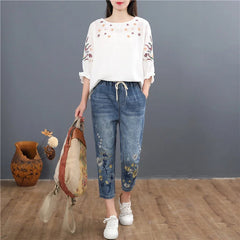 Vintage Embroidery Casual Floral Denim Trousers Ripped Harem Jeans Mssza
