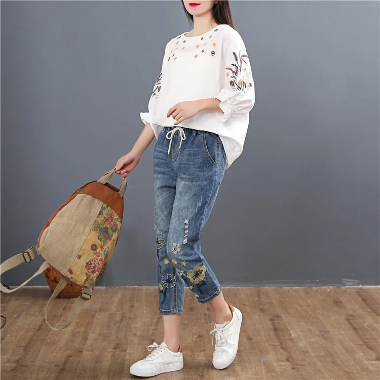 Vintage Embroidery Casual Floral Denim Trousers Ripped Harem Jeans Mssza