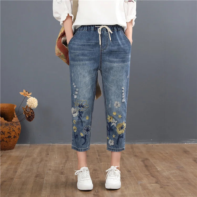 Vintage Embroidery Casual Floral Denim Trousers Ripped Harem Jeans Mssza