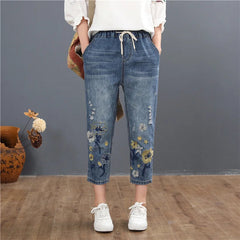 Vintage Embroidery Casual Floral Denim Trousers Ripped Harem Jeans Mssza