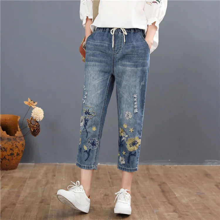 Vintage Embroidery Casual Floral Denim Trousers Ripped Harem Jeans Mssza
