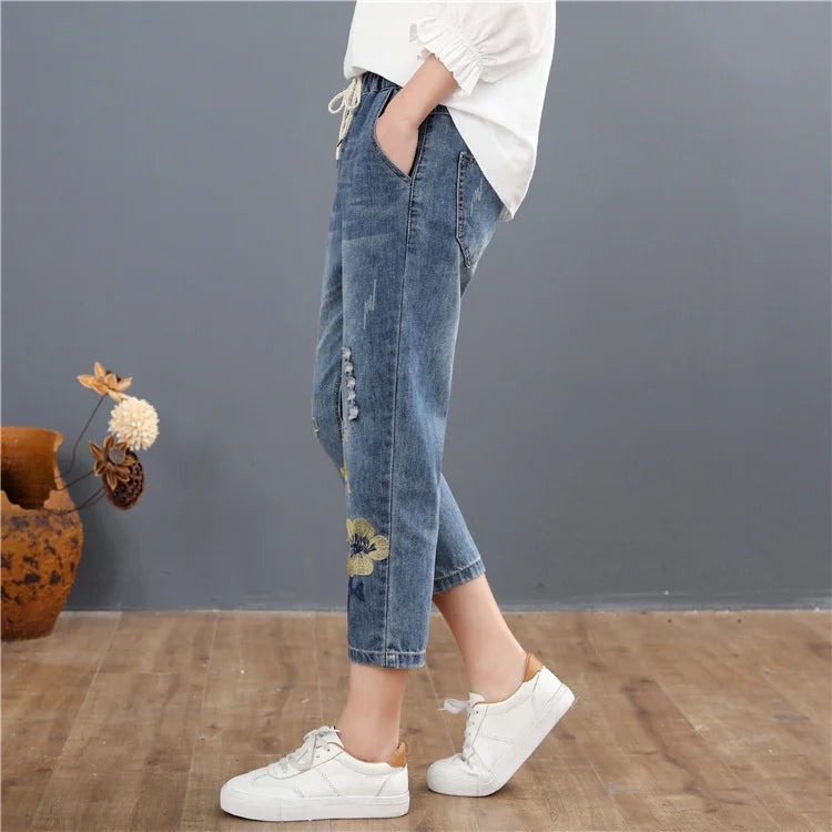 Vintage Embroidery Casual Floral Denim Trousers Ripped Harem Jeans Mssza