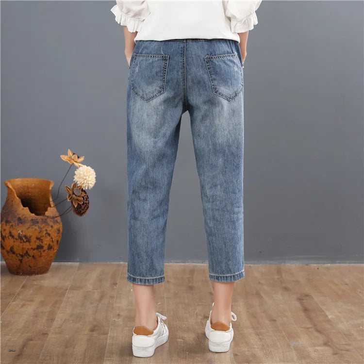 Vintage Embroidery Casual Floral Denim Trousers Ripped Harem Jeans Mssza
