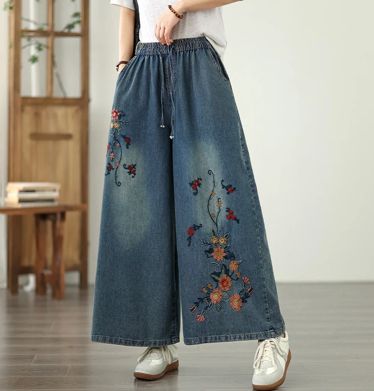 Vintage Embroidery Elastic Waist Thin Denim Wide Leg Pants Mssza