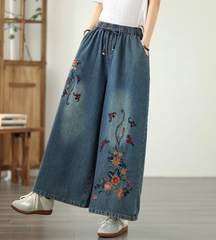 Vintage Embroidery Elastic Waist Thin Denim Wide Leg Pants Mssza