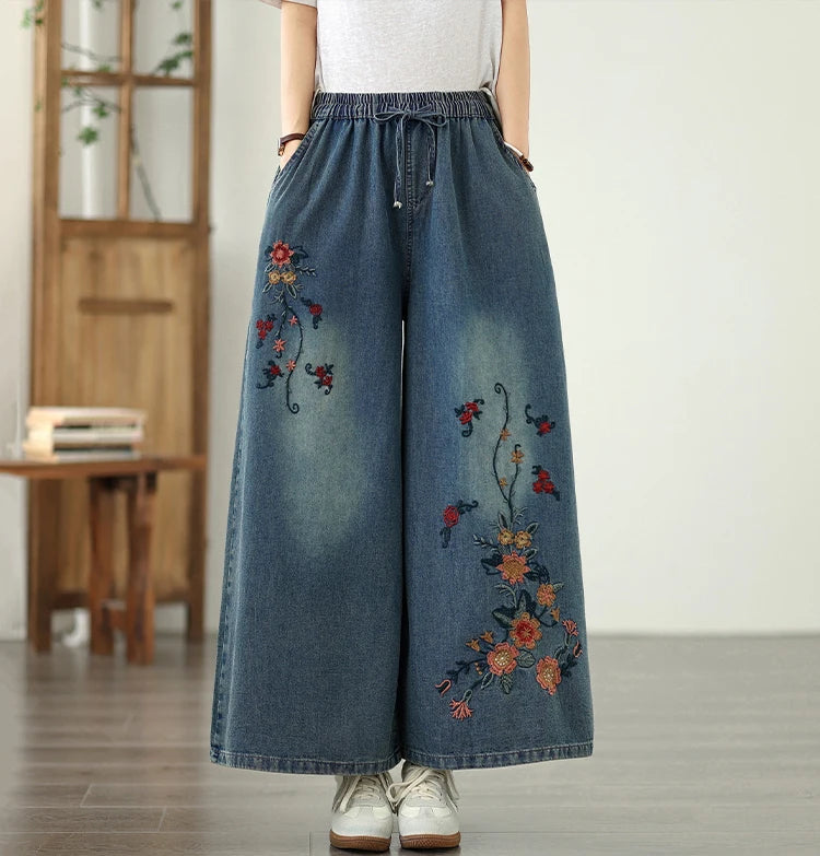 Vintage Embroidery Elastic Waist Thin Denim Wide Leg Pants Mssza