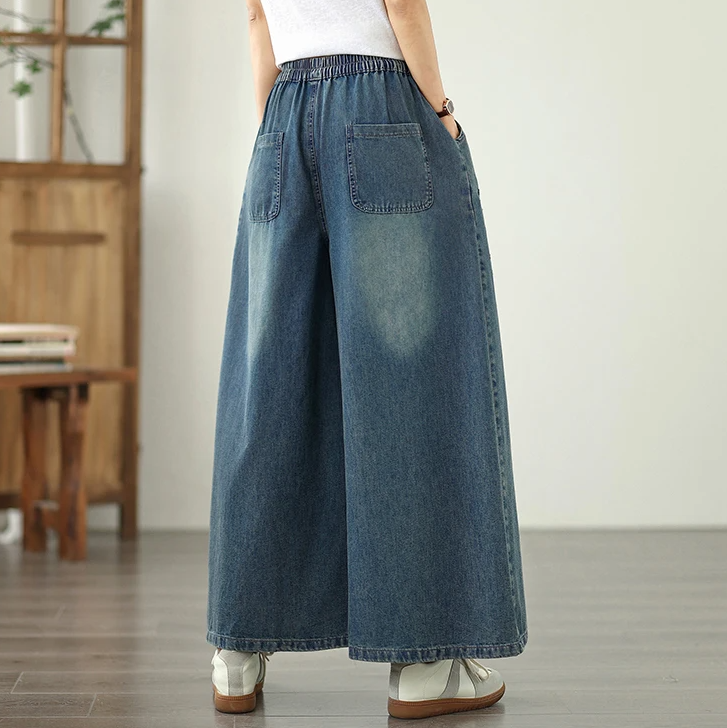 Vintage Embroidery Elastic Waist Thin Denim Wide Leg Pants Mssza