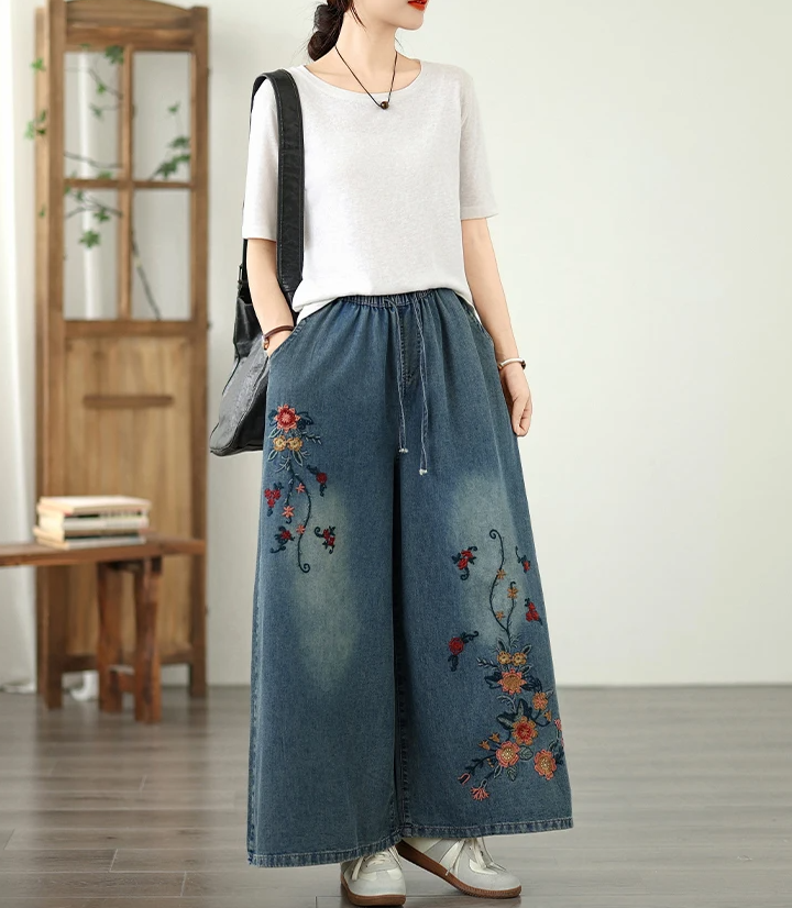 Vintage Embroidery Elastic Waist Thin Denim Wide Leg Pants Mssza