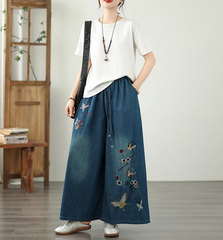 Vintage Embroidery High Waist Thin Denim Ankle-Length Pants Mssza
