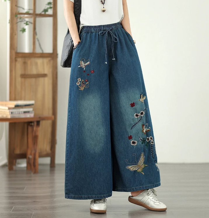 Vintage Embroidery High Waist Thin Denim Ankle-Length Pants Mssza