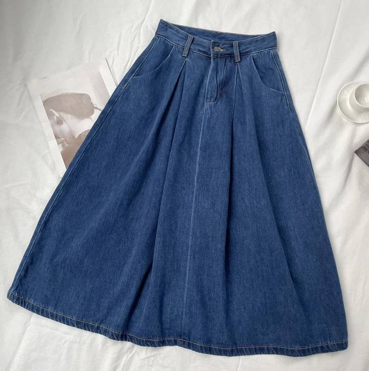 Vintage Empire High Waist Denim Loose Cargo Non Stretch Mid-Calf Skirts Mssza