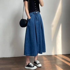 Vintage Empire High Waist Denim Loose Cargo Non Stretch Mid-Calf Skirts Mssza