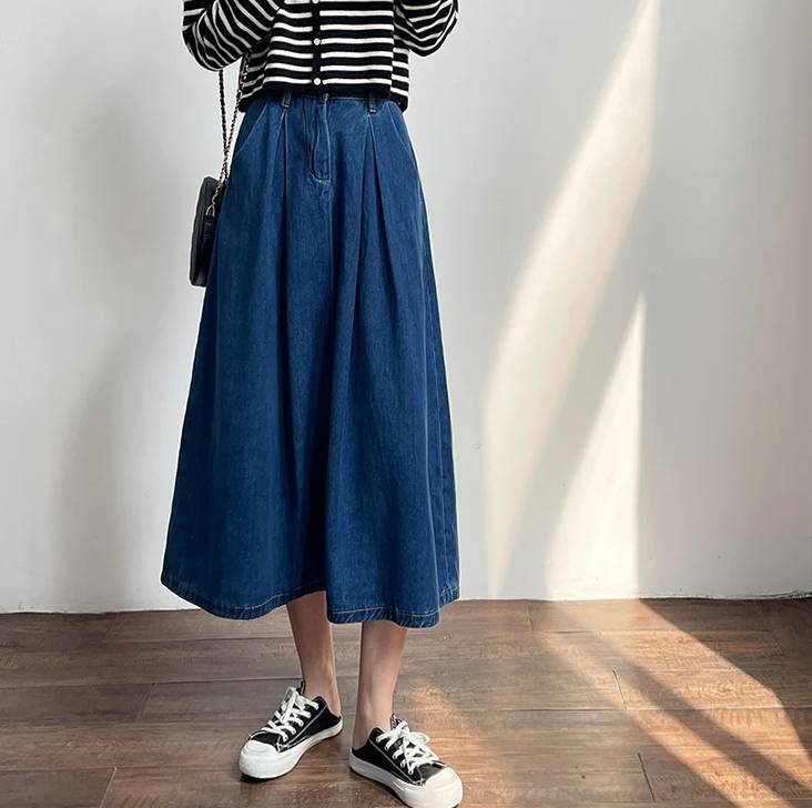 Vintage Empire High Waist Denim Loose Cargo Non Stretch Mid-Calf Skirts Mssza