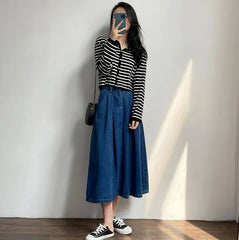 Vintage Empire High Waist Denim Loose Cargo Non Stretch Mid-Calf Skirts Mssza