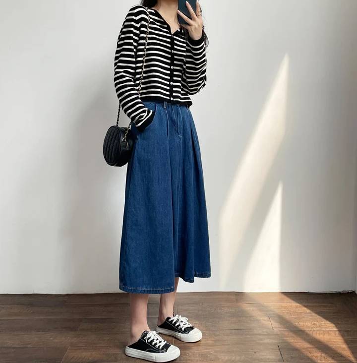 Vintage Empire High Waist Denim Loose Cargo Non Stretch Mid-Calf Skirts Mssza