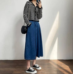Vintage Empire High Waist Denim Loose Cargo Non Stretch Mid-Calf Skirts Mssza