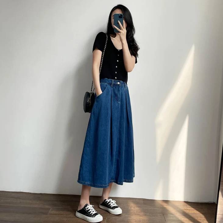 Vintage Empire High Waist Denim Loose Cargo Non Stretch Mid-Calf Skirts Mssza