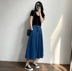 Vintage Empire High Waist Denim Loose Cargo Non Stretch Mid-Calf Skirts Mssza