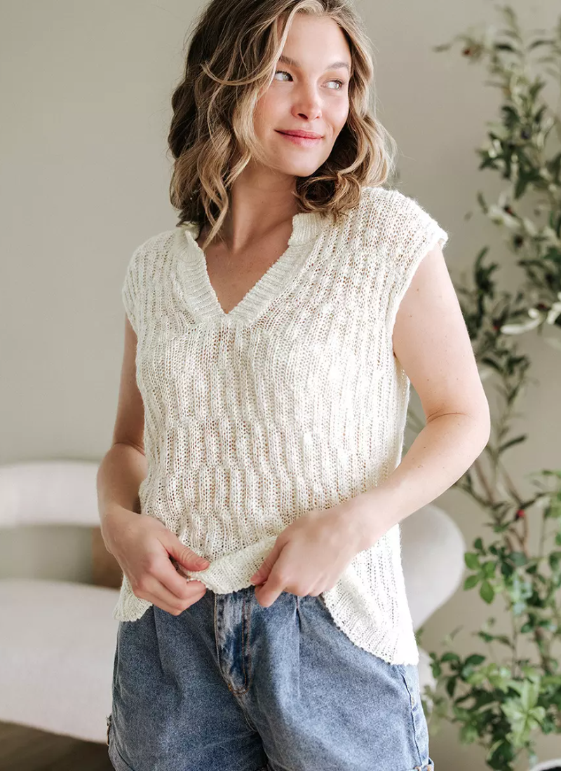 Vintage Cap Sleeves V-Neck Knitted Top For Street Ware Mssza
