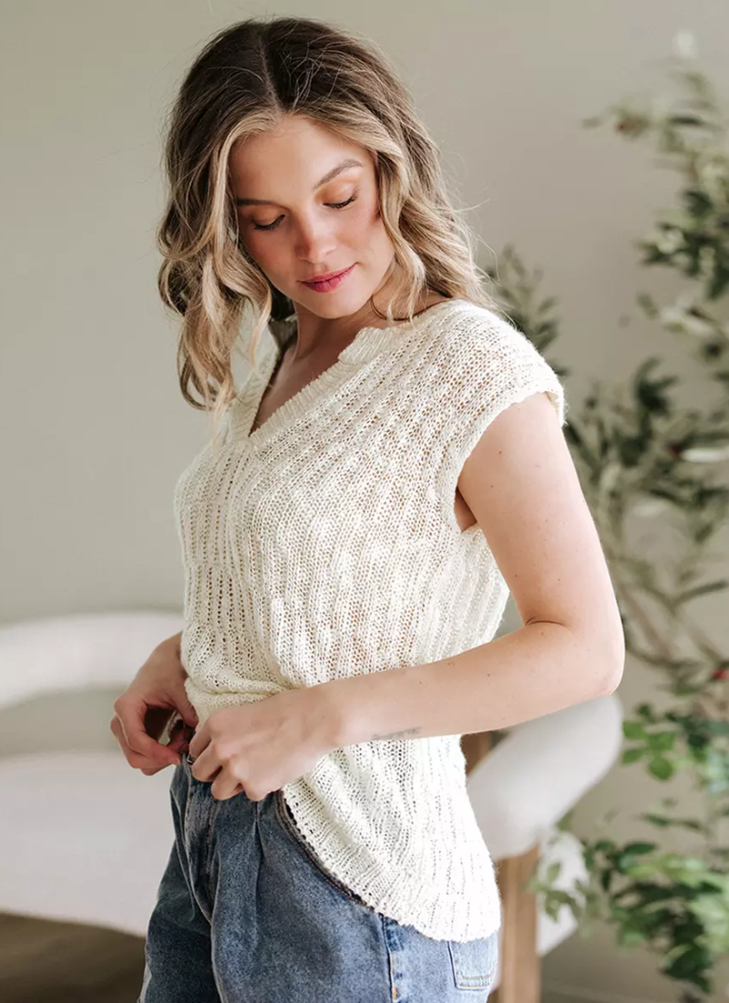 Vintage Cap Sleeves V-Neck Knitted Top For Street Ware Mssza