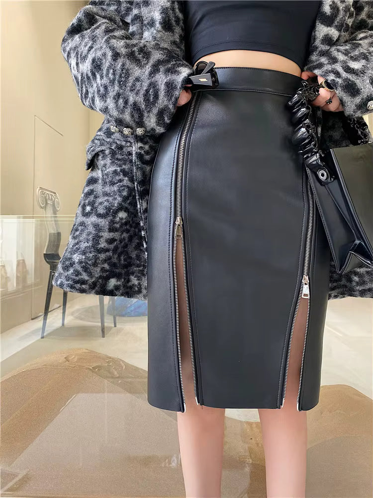 Vintage Faux Leather Double Zip Matte Office Lady Straight PU Split Skirt Mssza