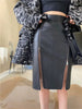 Vintage Faux Leather Double Zip Matte Office Lady Straight PU Split Skirt Mssza