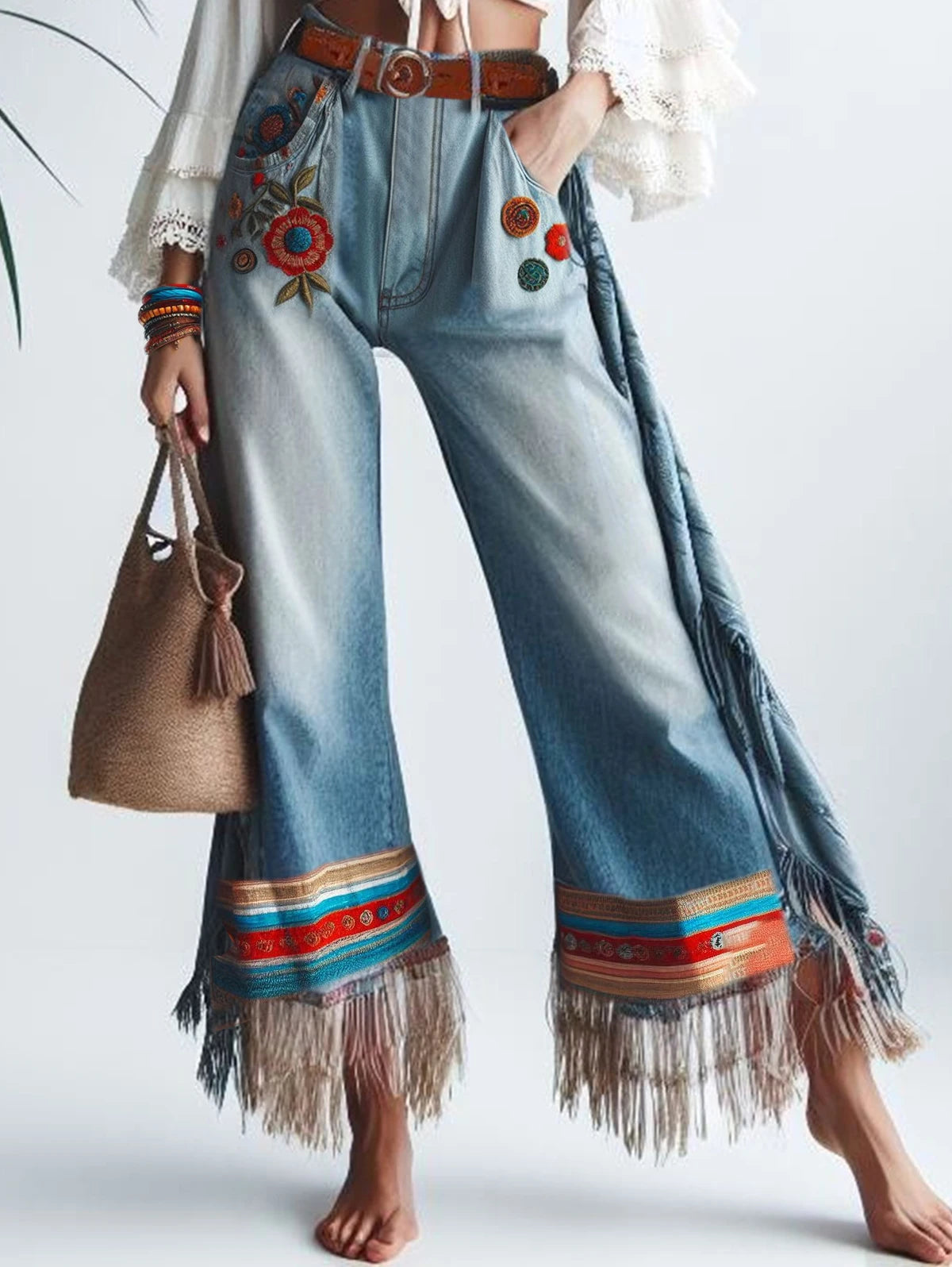 Vintage Floral Embroidery Tassel Pockets High Waist Wide Leg Ethnic Denim Pants Mssza