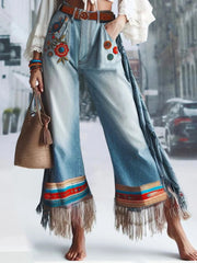 Vintage Floral Embroidery Tassel Pockets High Waist Wide Leg Ethnic Denim Pants Mssza